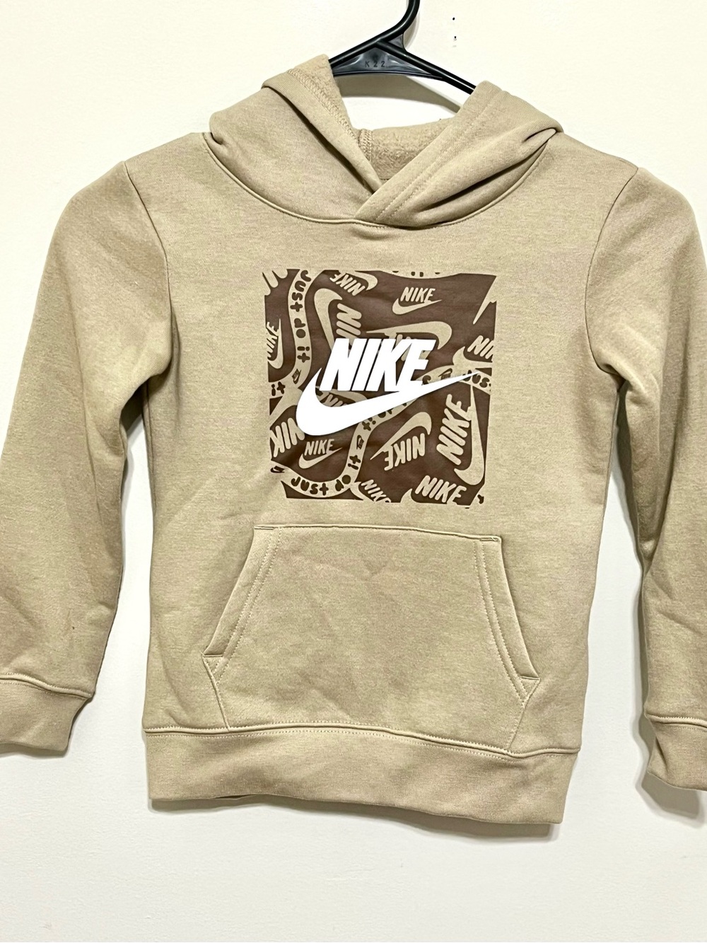 Nike Kids Beige Hoodie with Brown and White Logo Patch